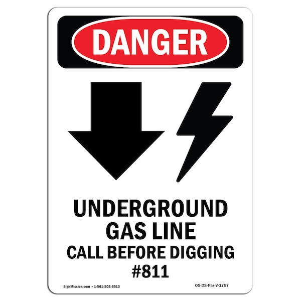 Signmission OSHA Danger Sign, 24" Height, Rigid Plastic, Underground Gas Line, Portrait, 1824-V-1797 OS-DS-P-1824-V-1797 - main